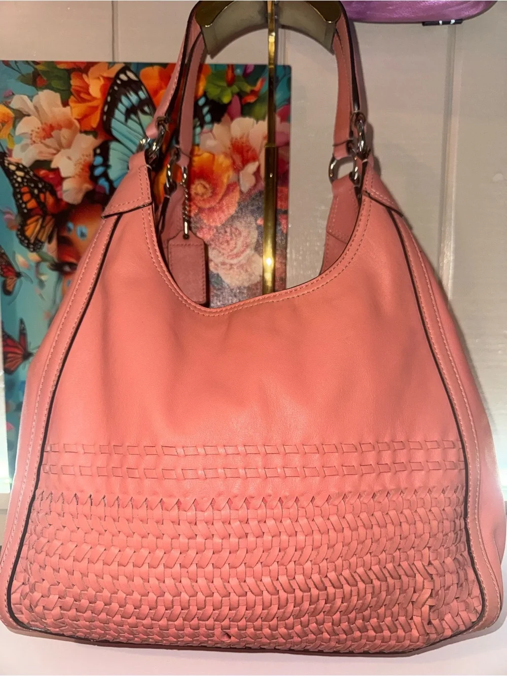 EUC Coach Coral Pink Woven Leather Hobo Shoulder Bag with Triple Entry - Picture 4 of 16